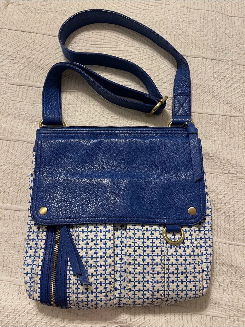 Fossil Blue Leather Flap Crossbody with Patterned Fabric